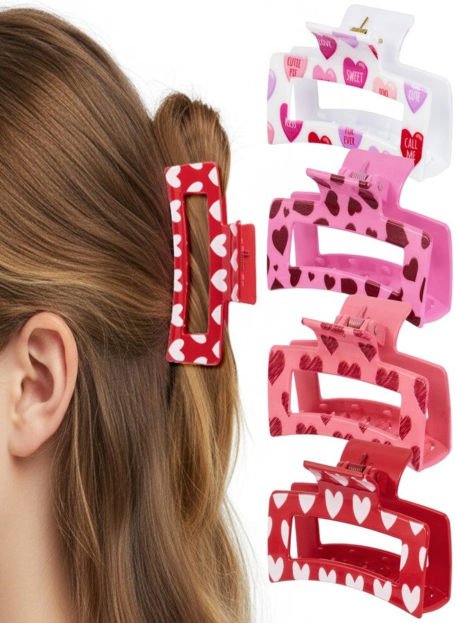 PANTIDE 4Pcs Valentine's Day Hair Claw Clips for Women Girls - Retro Love Heart Rectangle Nonslip Banana Acrylic Hair Clips, Thin Thick Short Long Curly Accessories, Valentines Birthday Party Gift - Image 1
